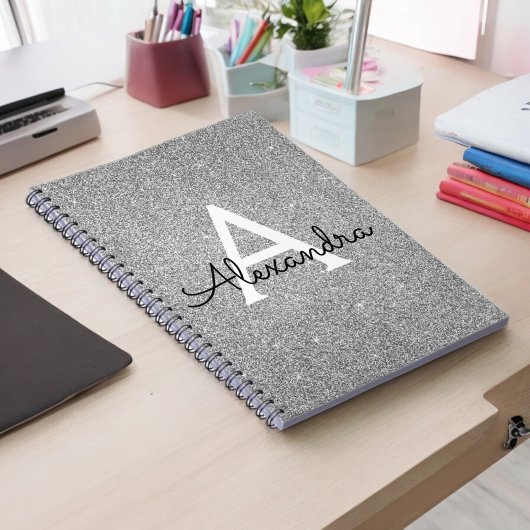 Gray Silver Foil Glitter Sparkle Monogram Notitieb Notitieboek