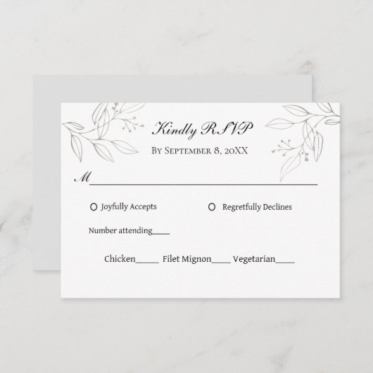 Gray Silver Leaves Minimalist Weddenschap Entree R RSVP Kaartje (Voorkant / Achterkant)