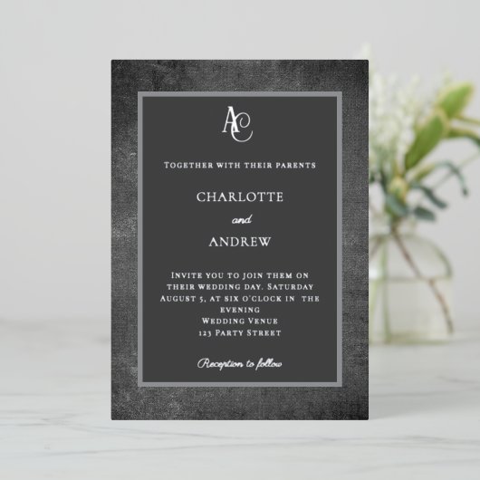 Gray silver modern monogram rustic wedding folie uitnodiging (Staand Voorkant)