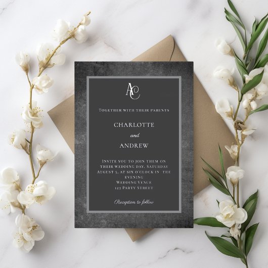 Gray silver modern monogram rustic wedding folie uitnodiging