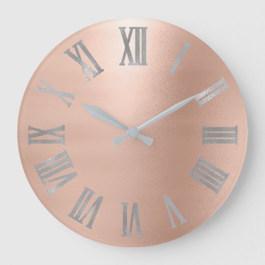 Gray Silver Pink Rose Gold Metallic Roman Nummer Grote Klok (Voorkant)