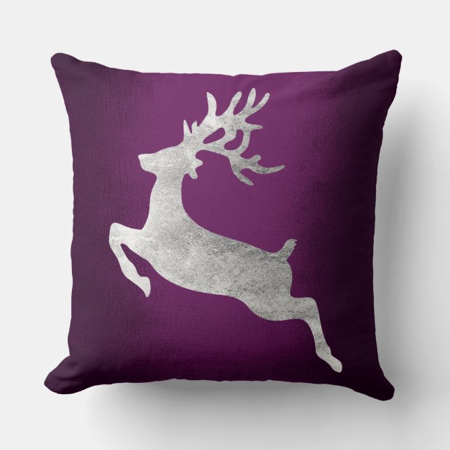 Gray Silver Reindeer Paars Plum Amethyst Kussen (Voorkant)