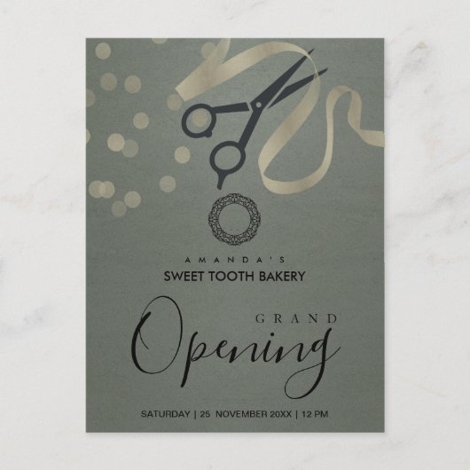 GRAY SILVER RIBBON CUTTING GRAND OPENEN INVITE BRIEFKAART (Voorkant)