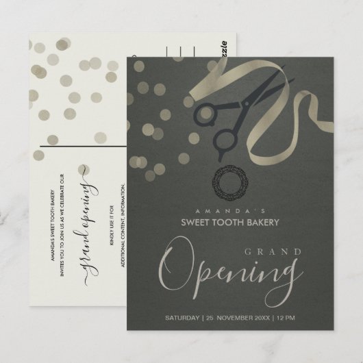 GRAY SILVER RIBBON CUTTING GRAND OPENEN INVITE BRIEFKAART (Voorkant / Achterkant)