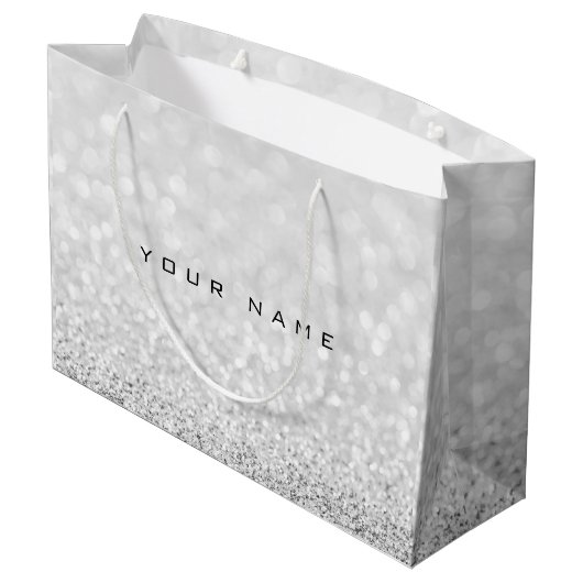 Gray Silver White Glitter Favor Gift Name Large Cadeautasje (Achterkant Gekanteld)