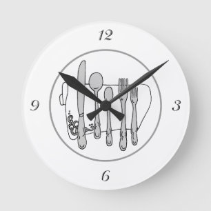 Gray Silverware White Napkin Black Numbers Clock Ronde Klok