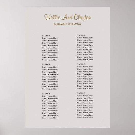 Gray Simple Wedding Seating Chart Poster (Voorkant)