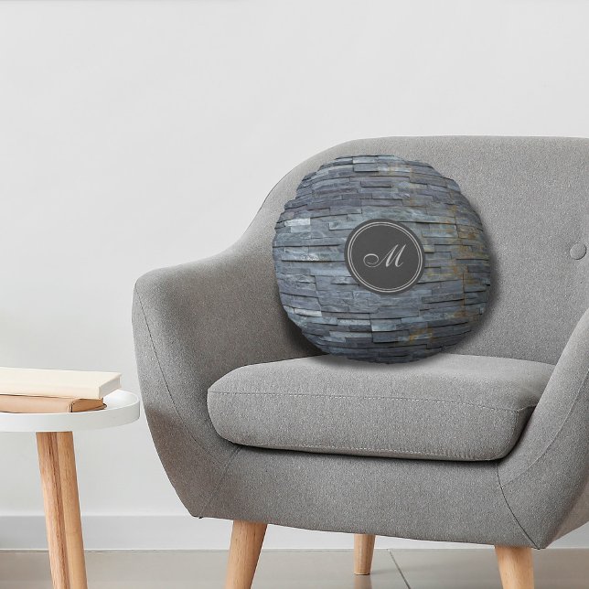 Gray Slate Monogram Rond Kussen (Creator heeft geüpload)