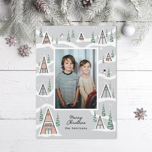 Gray Snowy A-Frames Winter Cabin Photo Feestdagenkaart
