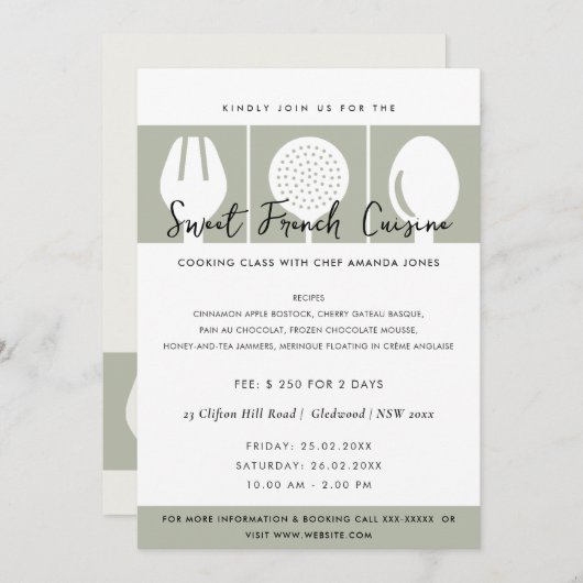 GRAY SPOON FORK COOKERY CLASS INVITE SJABLOON KAART (Voorkant / Achterkant)