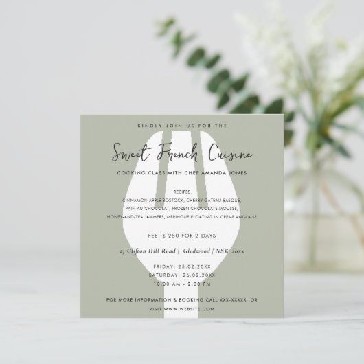 GRAY SPOON FORK COOKING CLASS INVITE SJABLOON KAART (Staand voorkant)