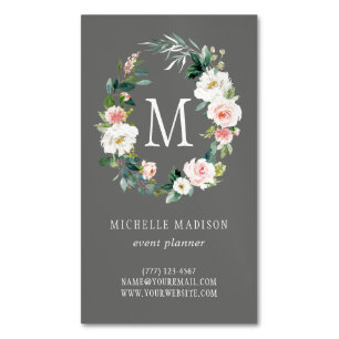 Gray Spring Blush Floral Wreatmonogram Magnetisch Visitekaartje