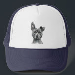 Gray Stalky Pit Bull Dog Tekening Trucker Pet<br><div class="desc">Dit is een portret van een grijze roofhond met wit op zijn borst. Het heeft één gehoor. Hij heeft een regale blik op zijn gezicht. Hij is aan een grote kant en heeft een groot en spiraal gezicht. Dit werd geschetst met potlood en dan digitaal gekleurd met pastel.</div>