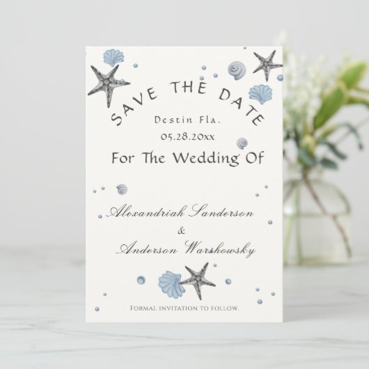 Gray Starfish Blue Beach bruiloft bewaart de datum Kaart (Staand voorkant)