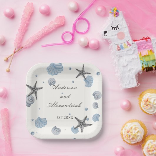 Gray Starfish Blue Shell Beach Weddenschap Paper P Papieren Bordje (Feest)