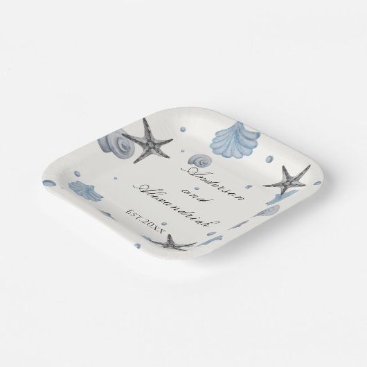 Gray Starfish Blue Shell Beach Weddenschap Paper P Papieren Bordje (Gebogen)