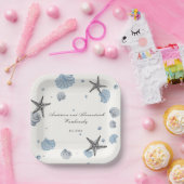 Gray Starfish Blue Shell Beach Wedding Papieren Bordje (Feest)