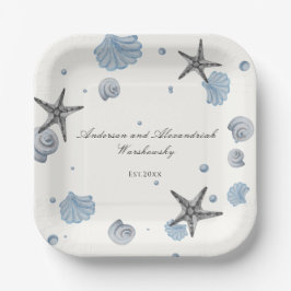 Gray Starfish Blue Shell Beach Wedding Papieren Bordje