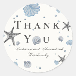 Gray Starfish Blue Shell Beach Wedding Ronde Sticker