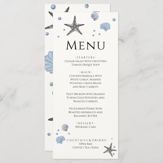 Gray Starfish Blue Shells Beach Wedding, menu (Voorkant / Achterkant)