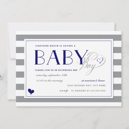 Gray Stripe Baby Boy Shower and Navy Blue Kaart (Voorkant)