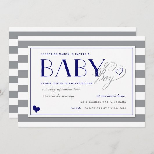 Gray Stripe Baby Boy Shower and Navy Blue Kaart (Voorkant / Achterkant)