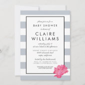 Gray Stripe & Pink Peony Baby shower Invitation Kaart (Voorkant)