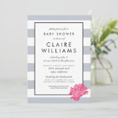 Gray Stripe & Pink Peony Baby shower Invitation Kaart (Staand voorkant)