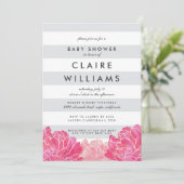Gray Stripe & Pink Peony Baby shower Invitation Kaart (Staand voorkant)