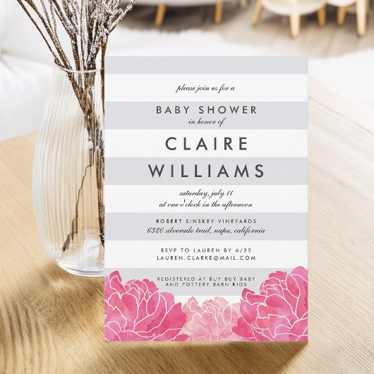 Gray Stripe & Pink Peony Baby shower Invitation Kaart