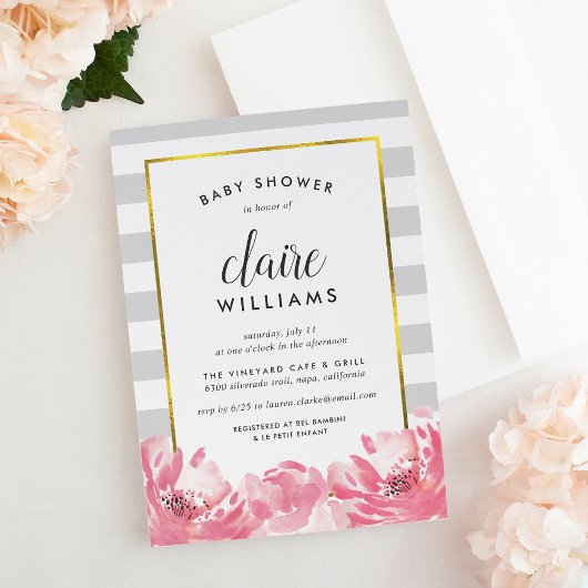 Gray Stripe & Pink Peony Baby shower Invitation Kaart