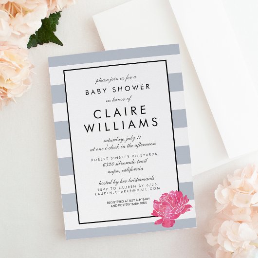 Gray Stripe & Pink Peony Baby shower Invitation Kaart