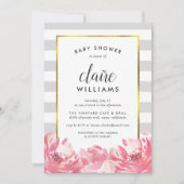 Gray Stripe & Pink Peony Baby shower Invitation Kaart (Voorkant)