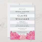 Gray Stripe & Pink Peony Bridal Shower Invitation Kaart (Voorkant)
