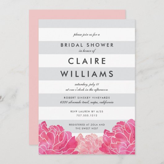 Gray Stripe & Pink Peony Bridal Shower Invitation Kaart (Voorkant / Achterkant)