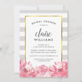 Gray Stripe & Pink Peony Bridal Shower Invitation Kaart (Voorkant)