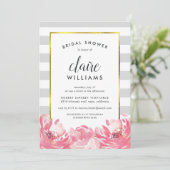 Gray Stripe & Pink Peony Bridal Shower Invitation Kaart (Staand voorkant)