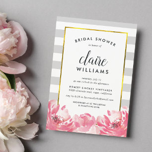 Gray Stripe & Pink Peony Bridal Shower Invitation Kaart