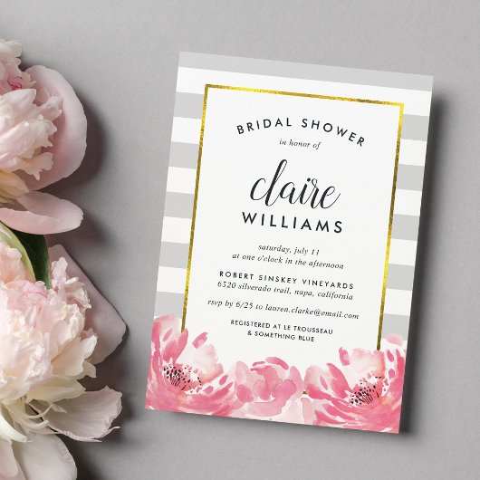 Gray Stripe & Pink Peony Bridal Shower Invitation Kaart