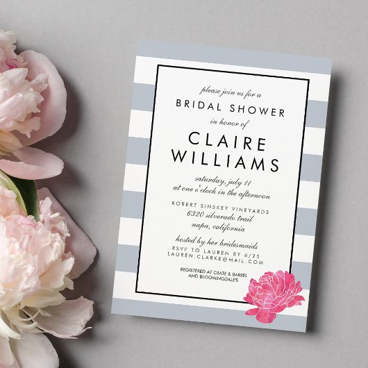Gray Stripe & Pink Peony Bridal Shower Invitation Kaart