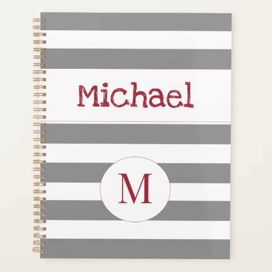 Gray Stripe Red Fire Truck Trendy Monogram Planner (Voorkant)