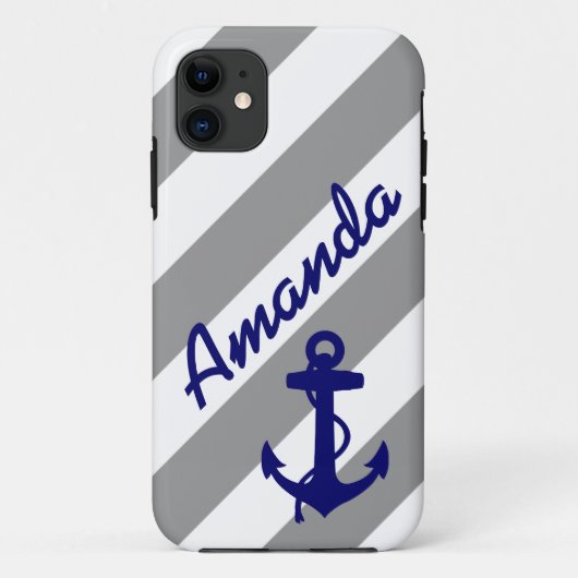 GRAY STRIPES BLUE ANCHOR NAME MONOGRAM Case-Mate iPhone CASE (Achterkant)