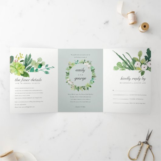 GRAY SUCCULENT WREATH FOLIAGE WATERVERF WEDING DRIELUIK UITNODIGING (Binnen)