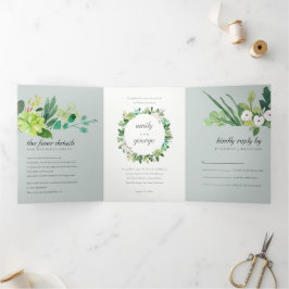 GRAY SUCCULENT WREATH FOLIAGE WATERVERF WEDING DRIELUIK UITNODIGING