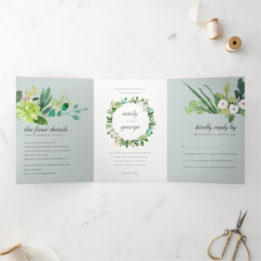 GRAY SUCCULENT WREATH FOLIAGE WATERVERF WEDING DRIELUIK UITNODIGING (Binnen)