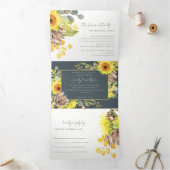 GRAY SUNFLOWER EUCALYPTUS WATERVERF FLORA WEDDING DRIELUIK UITNODIGING (Binnen)