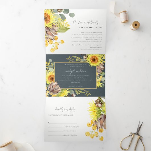 GRAY SUNFLOWER EUCALYPTUS WATERVERF FLORA WEDDING DRIELUIK UITNODIGING (Binnen)