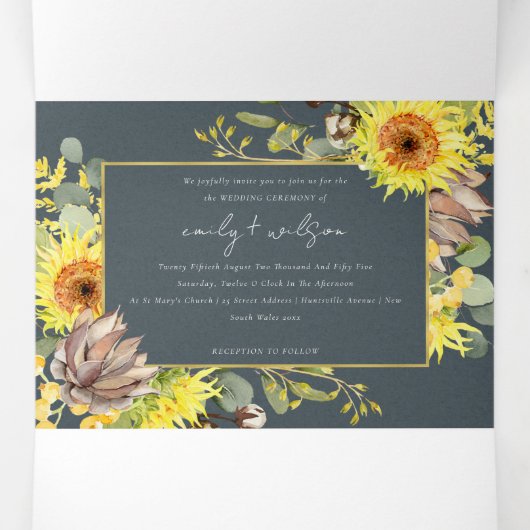 GRAY SUNFLOWER EUCALYPTUS WATERVERF FLORA WEDDING DRIELUIK UITNODIGING (Binnenkant midden)