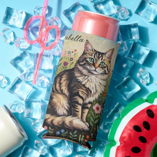 Gray Tabby Cat and Folk Art Flowers  Seltzer Blikjeskoeler (Insitu Zomer)