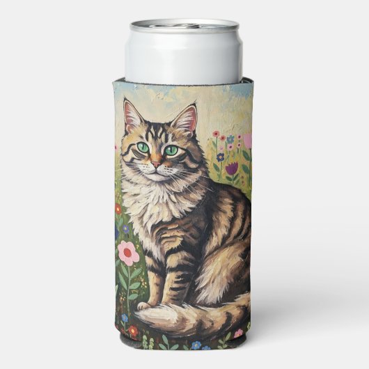 Gray Tabby Cat and Folk Art Flowers  Seltzer Blikjeskoeler (Seltzer Achterkant)